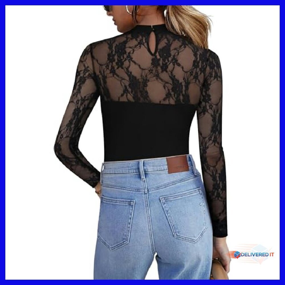 Long Sleeve Lace Mesh Blouse Sheer Crew Neck Sexy Going Out Top - Picture 6 of 8